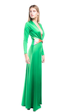 Vestido Elasticado Con Mangas Estampado Colores Cintura Verde Esmeralda